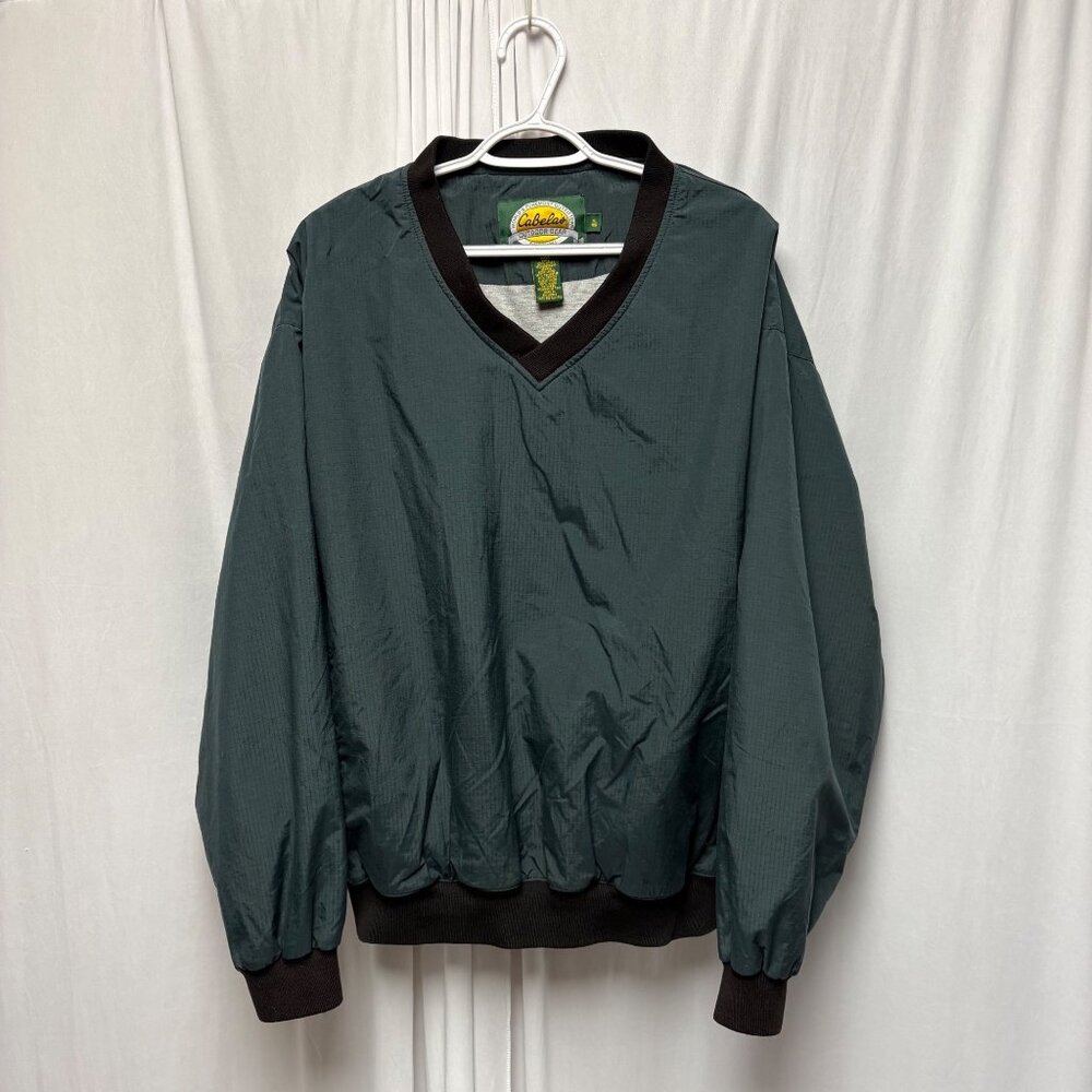 Cabelas Nylon Pullover Jacket Mens Sz XL V Neck Green Lined Outdoor Windbreaker